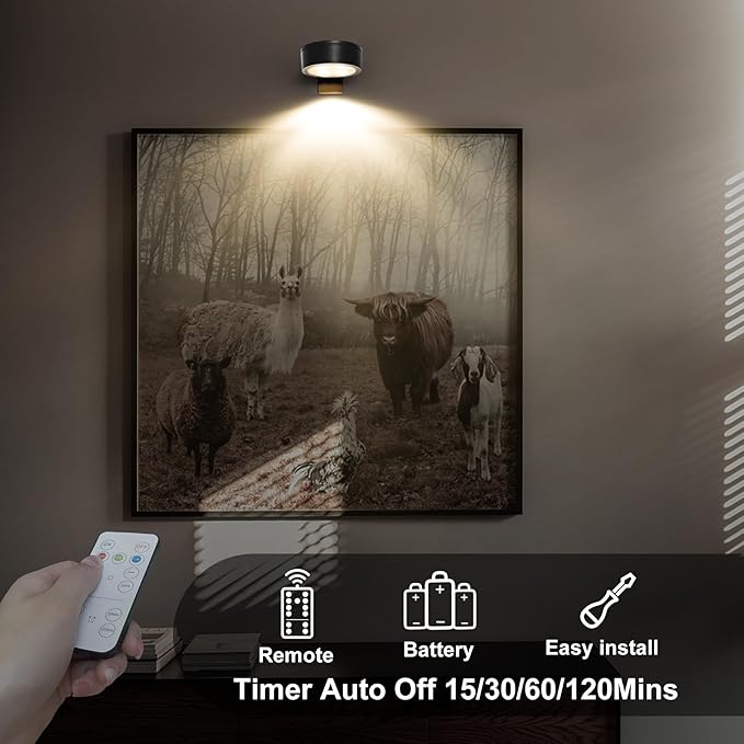 6-Pack Battery Operated Picture Light Magnetic Painting Light with 3 Lighting Modes,Remote and Dimmable Timer Art Display Light for Picture Artworking Frame Portrait,Wireless Wall Decor Puck Lights