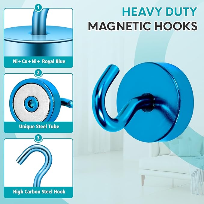 Neosmuk Magnetic Hooks, Cruise Ship Essentials, 40lb+ Heavy Duty Magnetic Hooks for Cruise Cabins, Refrigerator, Grill, Hanging, and Travel | Extra Strong Must-Haves Magnet Hook,RoyalBlue, Pack of 5