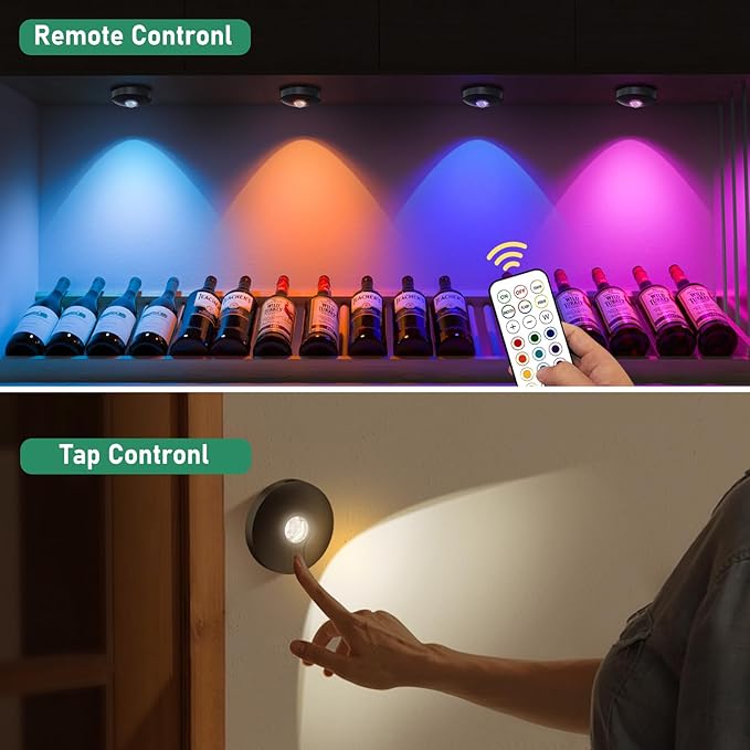 Rechargeable RGB Puck Lights,13 Colors Changeable LED Puck Lightings Remote Controls,LED Under Cabinet Lighting,Battery Operated Tap Lights,Dimmable Wireless Closet Light for Kitchen
