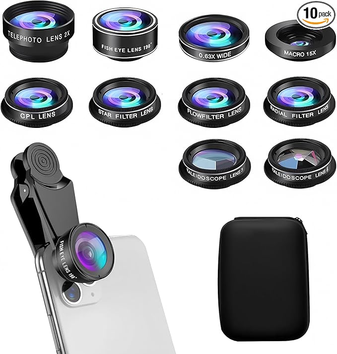 10 in 1 Phone Camera Lens Kit - Wide/Macro/Telephoto/Fisheye + CPL/Star Filters, for iPhone & Android, HD Pouch Universal Phone Lens Clip and Black Portable Bag for Most of Smartphone