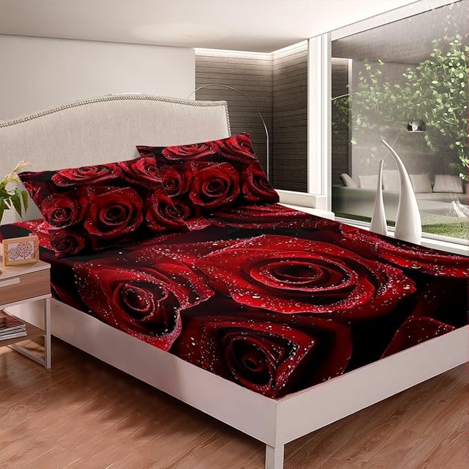 Erosebridal Valentine's Day Sheet Sets Red Rose Fitted Sheet for Women Girls Love Romantic Moment Print Bed Sheet 4 Pcs Blossom Flowers Bedding Modern Luxury Flat Sheet Full Size