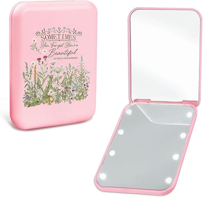 Cute Floral Travel Compact Mirror with Light for Purses 1X/2X Magnification Small Led Portable Pocket Makeup Mirror, Preppy Pink Christmas Birthday Gift Stocking Stuffers for Teen Girls Women