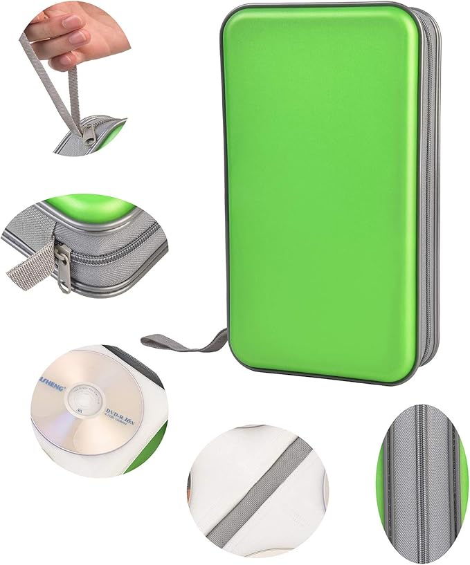 UENTIP CD Case,96 Capacity Book Portable Hard Plastic Case Holder Organizer Wallet Protective DVD Storage (96, Green)