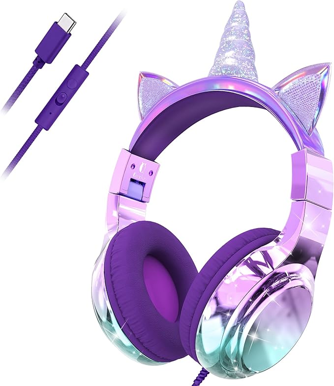 QearFun Kids Unicorn Headphones with USB C for Girls with Microphone, 85/94dB Safe Volume Limiter, Tangle-Free Cord, Share Port, Foldable Sparkly Wired Headset for School, Travel, Tablet, iPad