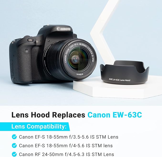 Lens Hood Shade for Canon EF-S 18-55mm f/3.5-5.6 is STM, RF-S 14-30mm f4-6.3 is STM PZ, RF 24-50mm f/4.5-6.3 is STM Lens Replaces Canon EW-63C Hood for Canon Rebel T8i T7i T7 EOS R50V R8 R10 90D 80D