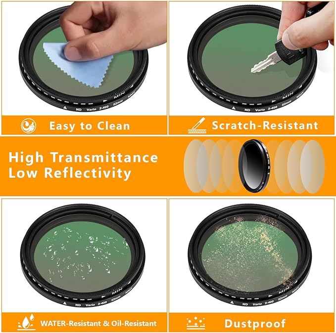 52MM Variable ND2-ND400 Filter, Ultra Slim Multi-Coated Adjustable Neutral Density Filter, Clip-on Phone Lens ND Filter Kit, Compatible for iPhone 15 14 13 12 11, Google Pixel and Other Smart Phones