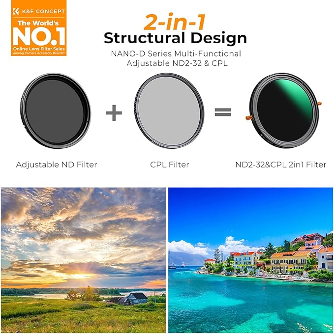 K&F CONCEPT 72mm Variable Fader ND2-32 ND Filter and CPL Circular Polarizing Lens Filter in 1 for Camera Lens Waterproof Neutral Density Polarizer Filter (Nano-D Series)