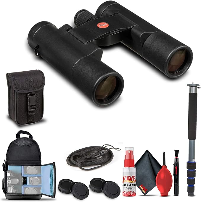 Leica 10x25 Ultravid BR Binoculars (Black Rubber) (40253) + Backpack + Full Size Monopod + Cleaning Set + 2 x Cap Keeper + Neck Strap