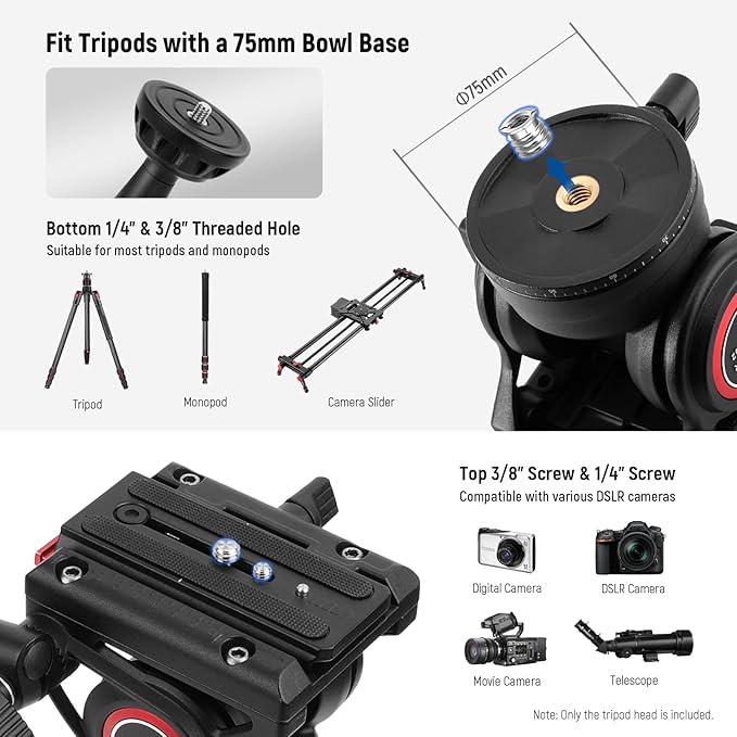 NEEWER Video Tripod Fluid Head with Quick Release Plate, Telescopic Handle & Scaled Base (75mm Dia.) Heavy Duty, Max Load 17.6lb/8kg for Video Cameras and DSLR Cameras