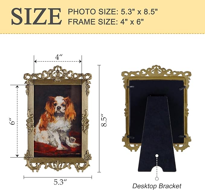 NIKKY HOME Vintage Picture Frames 4x6, Retro Gold Photo Frame, Metal Decorative Picture Frame with Stand and Glass Front for Tabletop Display Home Decor