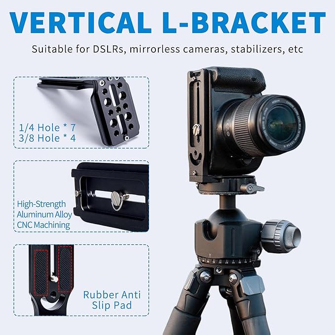 Bestoct DSLR Camera L Bracket with 1/4" & 3/8" Screw Hole, Vertical Horizontal Switching Tripod Mount Quick Release Plate Compatible with Canon Nikon Sony Stabilizer Tripod Monopod,for Arca Interface