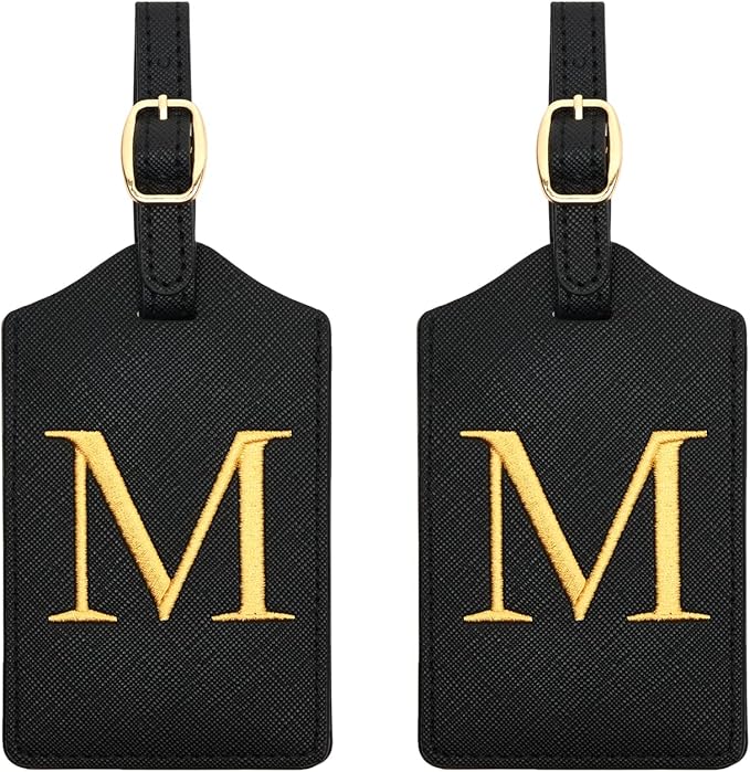 2 Pcs Initial Monogrammed PU Leather Embroidered Luggage Tags for Suitcases & Bags (M)