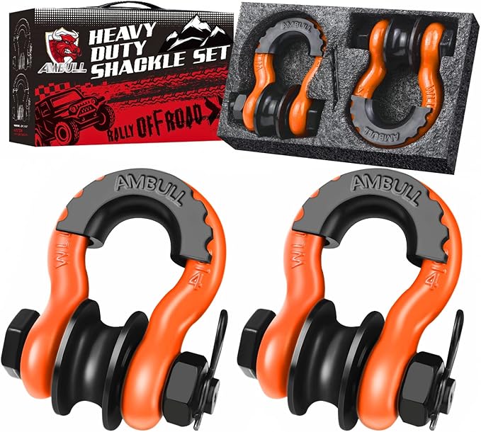 Upgraded Snatch Block, 3/4" D Ring Shackle (2 Pack) 22,000lb Break Strength with Towing Pulley, Heavy Duty Offroad Recovery Accessory for Truck, Tractor, ATV & UTV (Orange)