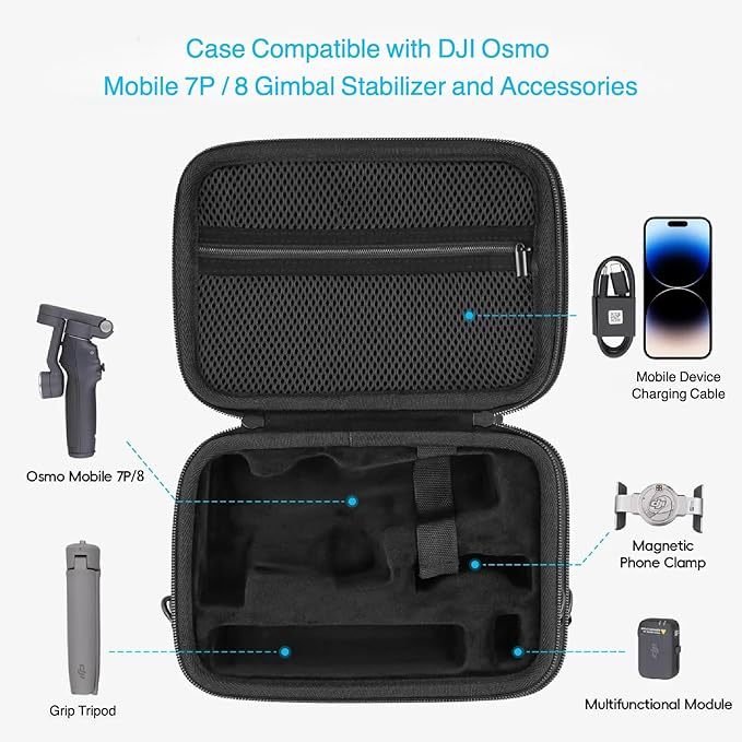 co2CREA Osmo Mobile 8/7P/7 Gimbal Stabilizer Hard Case - Waterproof Travel Storage Box with Custom Foam Insert & Mesh Pocket for DJI OM Mobile 7P Smartphone Gimbal, Accessories, Cables (Black Case)