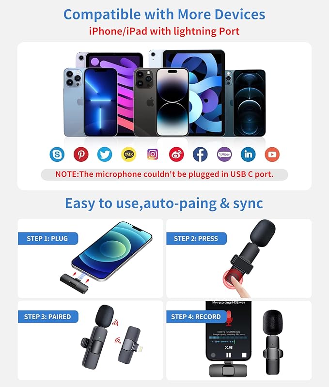 JOUNIVO 2 Pack Wireless Lavalier Microphone for iPhone, Mini Mic with Noise Cancellation for Interview Video Podcast Vlog YouTube