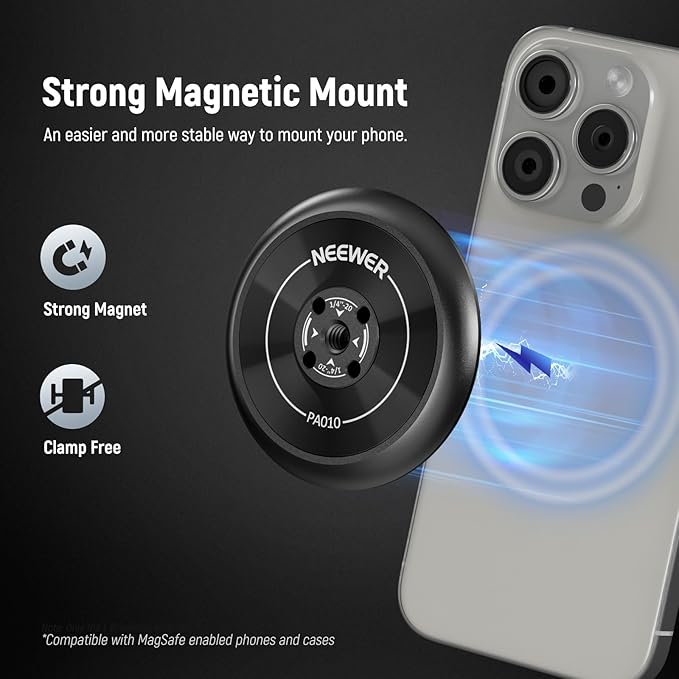 NEEWER Magnetic Phone Tripod Mount Adapter with Adhesive Magnetic Ring Compatible with MagSafe iPhone 15 Pro Max 15 Plus 14 13 12, 1/4" Thread for iPhone Video Recording Selfie Stick Ring Light, PA010