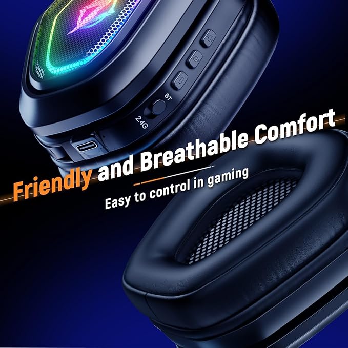 Ozeino Wireless Gaming Headset with Flip Microphone, RGB Lighting Gaming Headphones for PS5, PS4, PC - 2.4GHz USB & Type C Transmitter