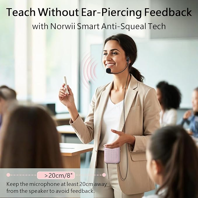 Norwii Bluetooth Voice Amplifier, Power Amplifiers, Portable Mini Wired Microphone Headset for Teacher Classroom & Outdoor Lectures, Teaching, Tour Guides, USB-C Rechargeable - 4000mAh, Pink