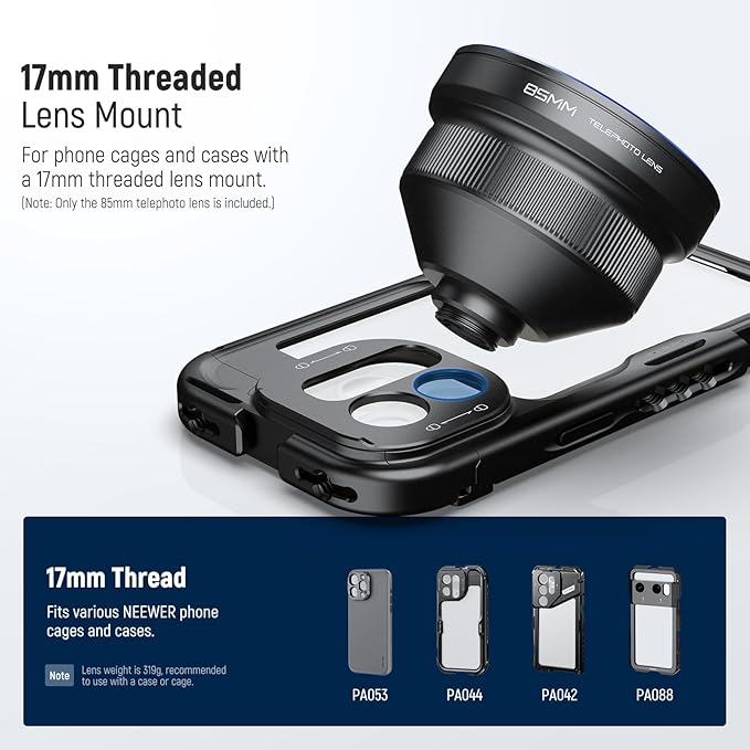 NEEWER HD 85MM Telephoto Phone Lens Only for 17mm Thread Backplate, 2.5X Magnification Compatible with SmallRig NEEWER iPhone Samsung Phone Cage Case with 17mm Lens Adapter, LS-59