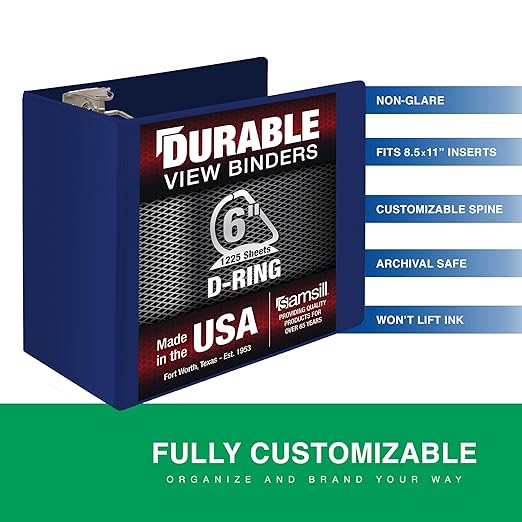 Samsill Durable 6 Inch Binder, Made in The USA, Locking D Ring Binder, Customizable Clear View Cover, Dark Blue, Holds 1225 Pages