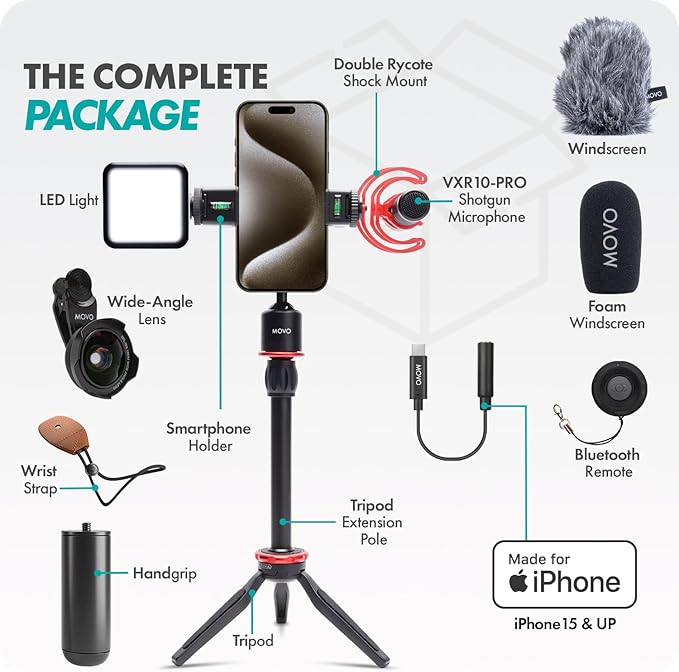 Movo iVlog1-IP Vlogging Kit for iPhone 15/16/17 and up - USB-C Compatible YouTube Starter Kit - with Shotgun Microphone, Mini Tripod, LED Light, Wide-Angle Lens, USB C Adapter, VXR10-PRO
