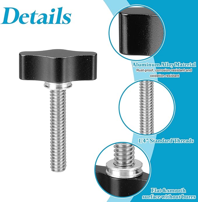 PATIKIL Clamping Screw Knob 1/4" x 1.91", 2Pcs Aluminum Alloy t Shaped Camera Thumb Screws for DSLR Flash Bracket Light Stand Adapter Action Sports Camera Mounting System, Black