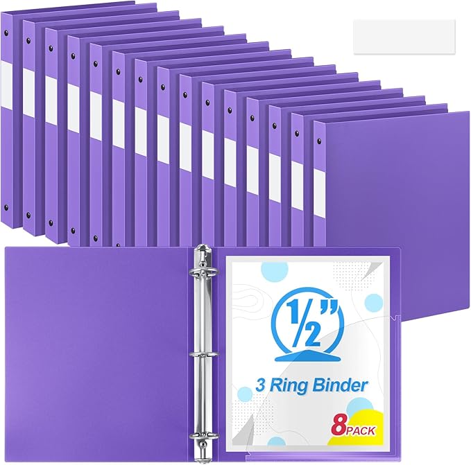Henoyso 8 Pcs 3 Ring Binder 1/2'' Round Fits Letter Size 8.5'' x 11'' Paper Plastic Flexible Binder Holds 140 Sheets with 1 Pockets Versatile Organizer for Home Office School (Purple)