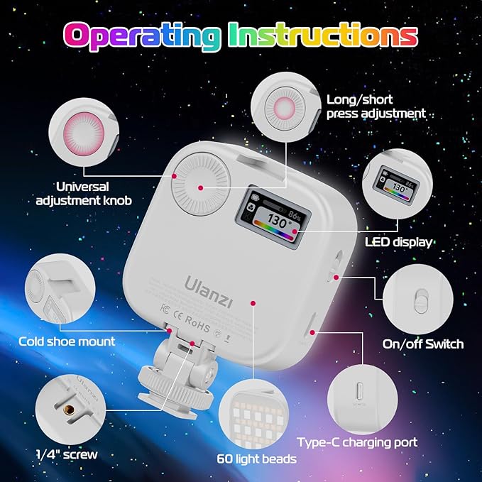 ULANZI U60 RGB Video Lights White LED Camera Light 360° Full Color Portable Photography Lighting w Quick Release Cold Shoe Adapter and Clip, 2500mAh Rechargeable CRI 95+ 2500-9000K Dimmable Panel Lamp