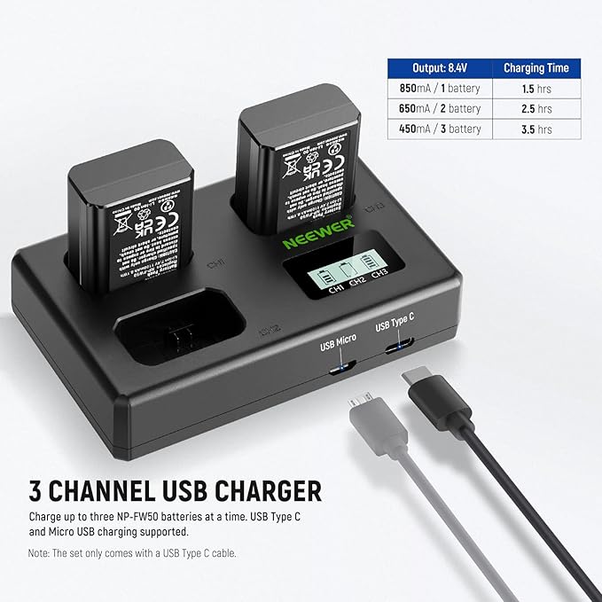 NEEWER Replacement Battery and Charger Set for NP-FW50, 3 Pack 1100mAh Batteries and Triple Slot USB Charger Compatible with Sony ZV-E10 A7 A7R A7RII A7II A7SII A7S A7RII A6300 A6400 A6500 RX10