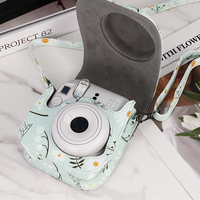 Frankmate Protective Case Fit for Fujifilm Instax Mini 12 11 9 8 Camera, PU Leather Camera Bag with Pocket and Adjustable Shoulder Strap (Chrysanthemum)