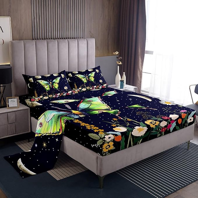 Erosebridal Death Moth Flat Sheet,Twin for Women Men Boys Gothic Decor Sheet Sets,Kids Girls Moth Skull Fitted Sheet Spring Summer Floral Botancial Moon Print Bedding,Exotic Animal Moths Bed Sheet