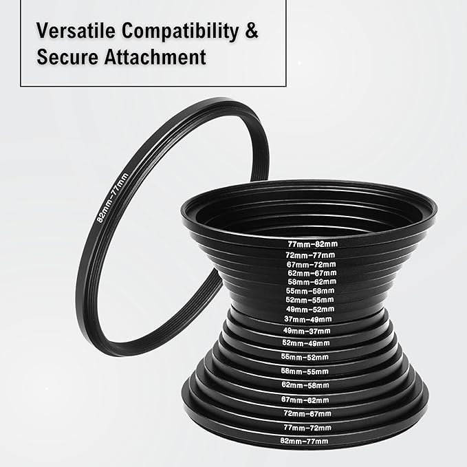18-Piece Filter Ring Adapter Set - 9X Step-Up Rings and 9X Step-Down Rings for Lens Filters, Lens Hoods, and Lens Converters - Includes 4X Microfiber Cleaning Cloths (7x6 Inches)