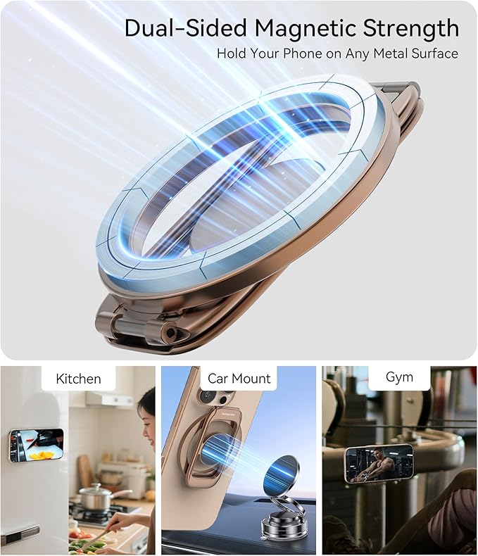Magnetic Phone Ring Holder for MagSafe Phone Grip & Kickstand, Strong Dual-Sided Magnets Compatible with MagSafe Car Mount Gym for iPhone 17/16 Pro Max 15/14/13/12 and Android Phone Cases (Brown)