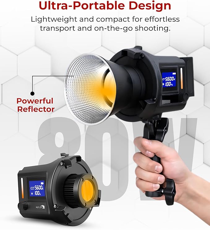 REFLEX CAMERA Professional 80W Handheld LED Photography Light – Portable Studio Video Light, Continuous Lighting for Photography, Handheld LED Spotlight. 3200-5600K 18000lux/1m CRI97 12 Effects + RGB