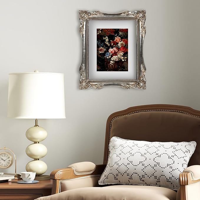 Vintage Picture Frame 8x10, Ornate Baroque Gothic Victorian Frames with Mat for 5x7 or 8x10 Photos, Tabletop or Wall Display, Antique Silver Home Decor Accent