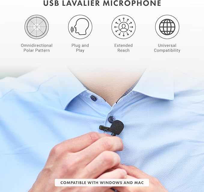 Movo LV1-USB Lavalier Microphone for Camera, Lapel for iPhone and Android Smartphones, Body Lav Mic, Clip On Microphone for 3.5mm, Shirt Lapel Mic for Phone, GoPro, Interview, Computer, PC