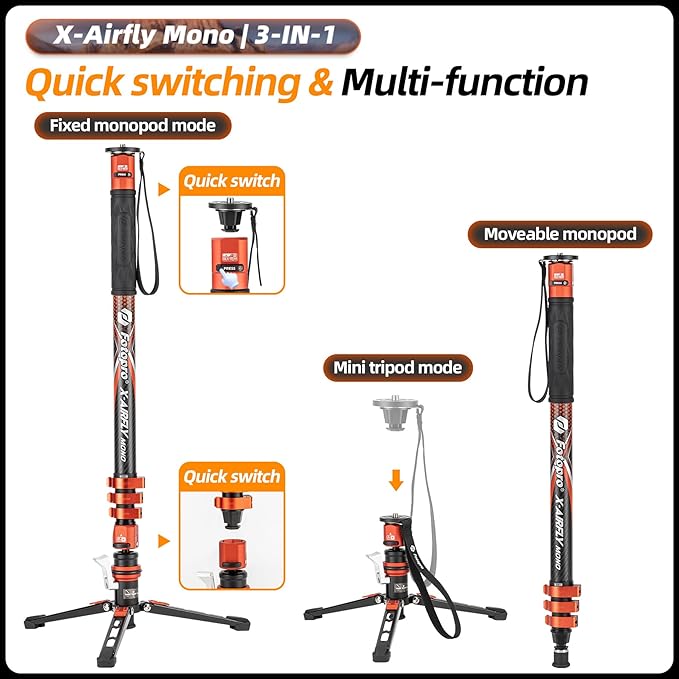 Fotopro 73" 3-in-1 Carbon Fiber Monopod with Pedal, Carbon Fiber Travel Monopod with Feet Max Load 22lbs for DSLR Camera Stabilizer Videography Kit, X-Airfly Mono Grey