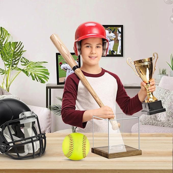 Hooqict Softball Display Case Clear Acrylic Ball Holder UV Protected with Wood Base Stand, Softball Case Display Box Championship Square Box for Golf Tennis Game Ball Baseball