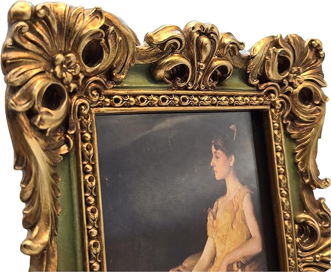 CISOO 4x6 Vintage Picture Frame Antique Ornate Green and Gold Photo Frame, for Table Top and Wall Display, Decorative Floral Design Retro Home Decor, Photo Gallery Art