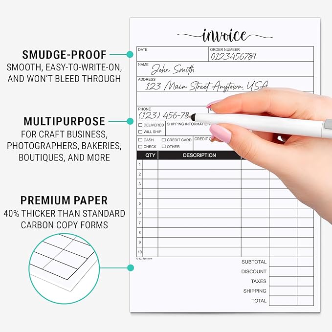 321Done Invoice Pad, 5.5x8.5 Small 2-Part Carbonless, Made in USA, Carbon Copy Sales Receipt Book Purchase Order Form for Small Boutique Craft Business (50 Sets) White/Yellow, Thick Paper