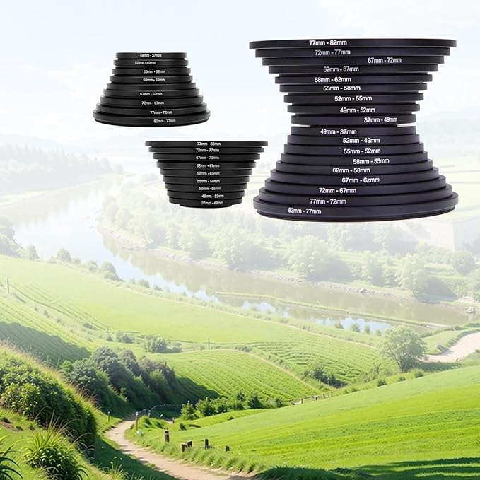 18Pcs Filter Ring Adapter Set, 37-82mm (Includes 9pcs Step Up Ring Set + 9pcs Step Down Ring Set) for Lens Filters, Lens Hoods, and Lens Converters