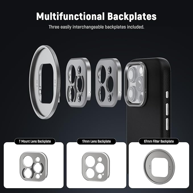 NEEWER Phone Case for 16 Pro, TPU/PC Nonslip Protective Phone Cover with Modular Backplates for 67mm Thread Filter/17mm Lens/T Mount Lens, Compatible with iPhone 16 Pro MagSafe Moment, PA083P Black