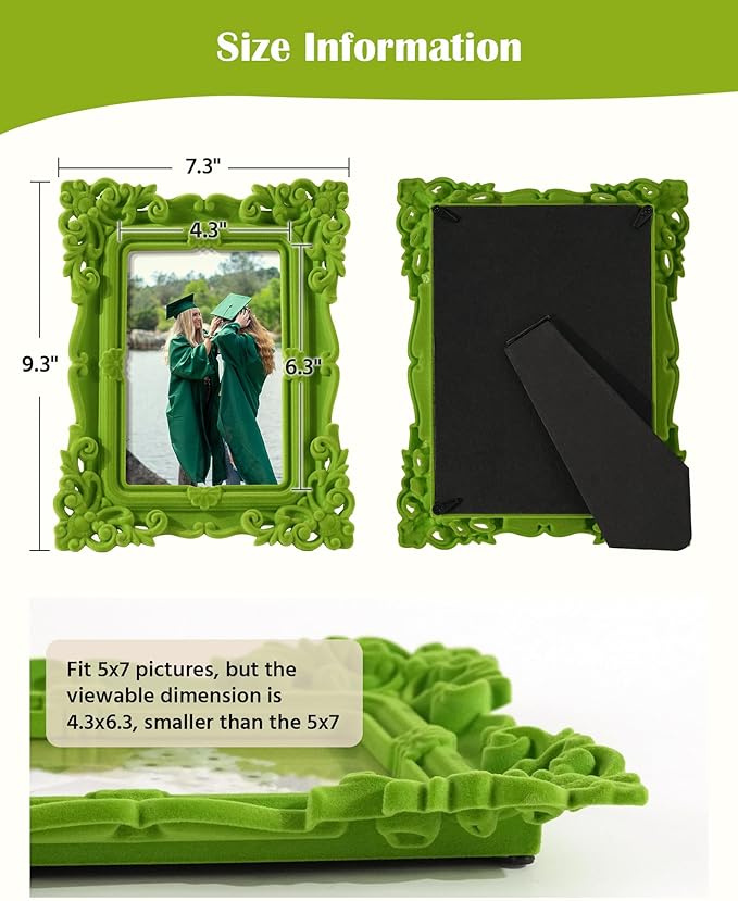 Cute Picture Frame 5x7, Green Rococo Ornate Frame for Plants Flower Art Prints Drawings, 5 by 7 Decorative Photo Frames with Real Glass and Stand, Gallery Home Office Decor (Lawn Green)