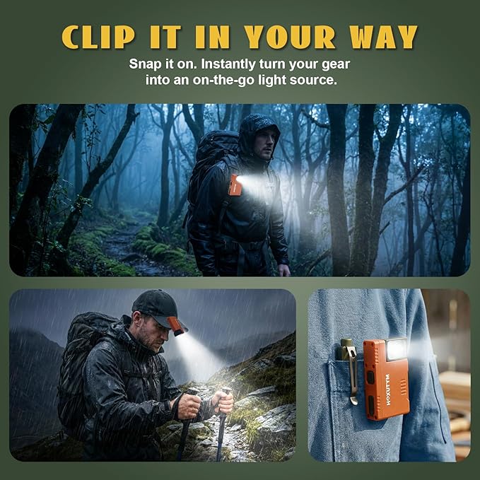 Clip-on LED Rechargeable Flashlights – 500lm EDC Mini Pocket Light, Hands-Free Magnetic Work Light with 180° Rotatable Clip & RGB Emergency Mode for Camping, Hiking, Repairs, Walkies, Orange