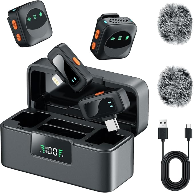 Ai Mini Mic Wireless Lavalier Microphone System (2TX+2RX+Case), Magnetic & Clip-On Microphone for iPhone, Android, Vlogging, Studio-Quality Sound, 48H Battery, Ai Noise Cancelling