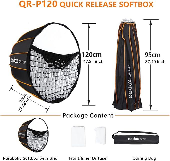 Godox Quick Release Parabolic Softbox,QR-P120 47.2”/120cm Portable Bowens Mount Softbox with Honeycomb Grid,Carry Bag,Front/Inner Diffuser for AD600BM SL60W VL150 UL150 SL200II Studio LED Video Light