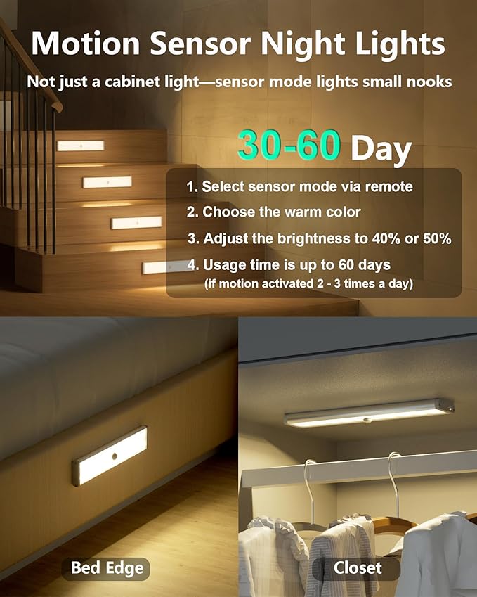 SZOKLED 58-LED Motion Sensor Under Cabinet Lights Wireless, RGB Closet Light Night Lights Remote, 1100mAh Rechargeable Under Cabinet Lighting Counter Lights for Indoor Kitchen, Stair (6 Packs)