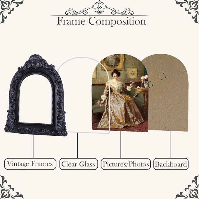Vintage Picture Frames 2.5x3.5 Ornate Black Antique Picture Frames for Wall and Tabletop Vintage Photo Frame Victorian Home Decor Gallery Wall Decor in Arch Shape