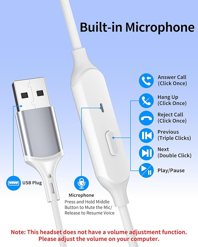 USB Earbuds with Microphone for PC,Wired USB Headphones with Mic& Earfins Hook for Computer Zoom Teams Office,7.5ft Long Noise Canceling Computer Headset for Dell/HP/Chromebook Laptop School,White