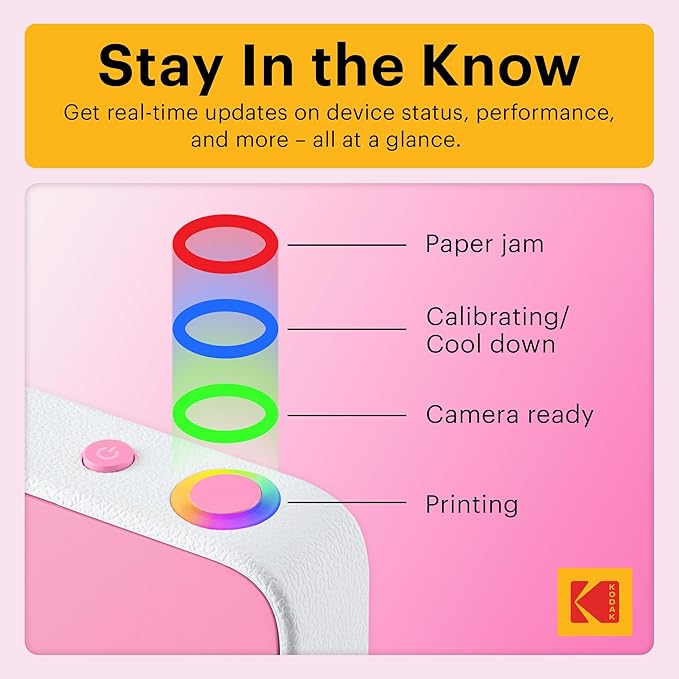 Kodak Printomatic+ Instant Print Digital Camera (Pink) 10MP Portable Camera with Interactive RGB LED Status Indicator, Prints Full-Color Photos on Zink 2x3” Sticky-Backed Photo Paper - Easy & Fun